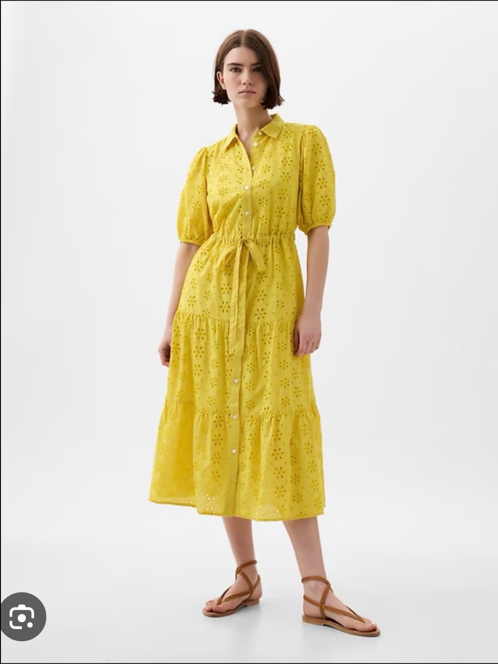 GAP Yellow Eyelet Midi Shirt Dress with Tie Waist